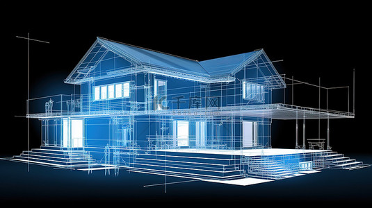 蓝图房屋计划的 3D 渲染线框结构