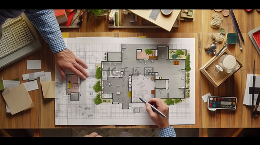 工作规划背景图片_当建筑师记录房间尺寸时，匿名助理捕获房屋 3D 模型的俯视视角