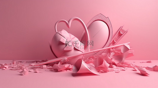 3d 渲染图像中的情人节概念粉红色弓箭