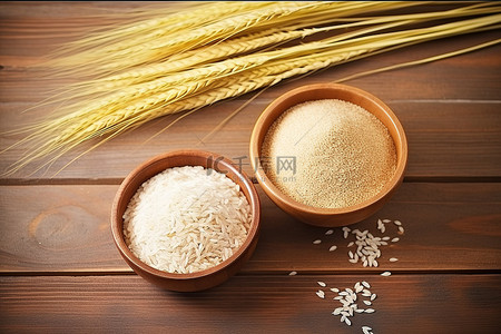 小麦大米背景图片_桌上木碗里的小麦和大米