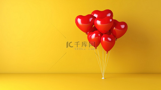 红色心形气球簇，靠在阳光明媚的黄色墙壁上 3D 渲染插图