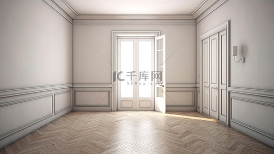 门地板背景图片_空房间中门的 3D 渲染，提供内部背景