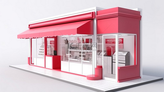 店面租赁背景图片_卡通风格 3D 渲染店面商店，用于商业设计和广告隔离在白色