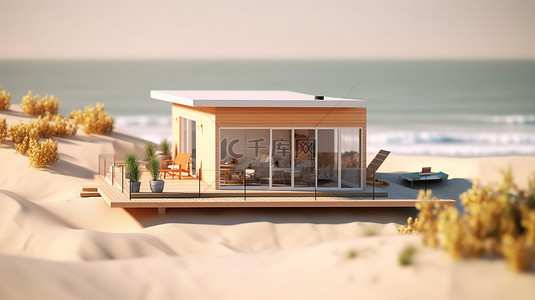 旅行家真人背景图片_海滩上木甲板小房子的 3D 插图