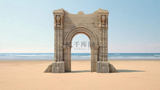 海边海滩上带有中世纪拱门的木制城堡门的 3D 渲染
