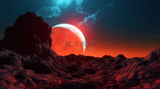异国情调的红橙色岩石外星世界上明亮球体的夜间光芒