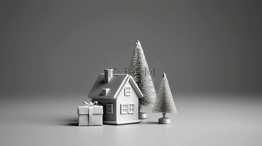 灰色背景下圣诞树屋和礼品盒的 3D 渲染
