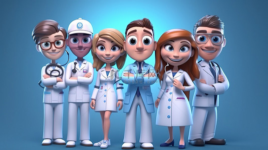 医护团队背景图片_拿着注射器的医疗团队由主任医师领导的一组医生和专家卡通风格的 3D 插图