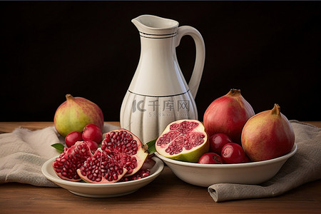 农产品背景图片_桌上的水果，有水罐和石榴