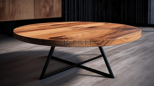 带黑色金属腿和圆形木制阁楼的矮桌设计 3D 渲染