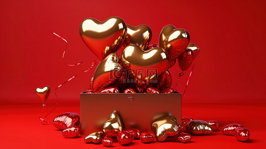 爱心字体背景图片_铝箔气球，带有 3D 心锥和球，在红色背景的开放盒子上方带有金色情人节字体