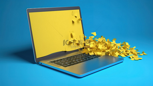 笔记电脑背景图片_蓝色背景上覆盖 3d 渲染笔记本电脑的黄色便签
