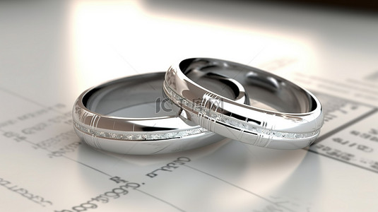 一张白纸上两个银戒指的令人惊叹的 3D 渲染
