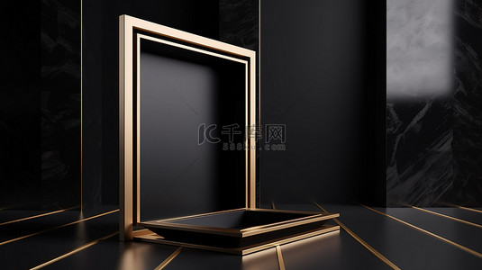 木板黑色背景图片_3D 渲染中的金色框架黑色矩形板放置在灰色背景上