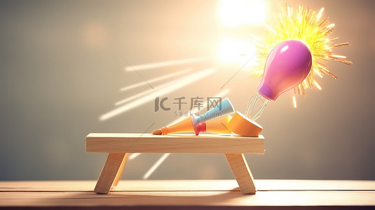 灯泡插画背景图片_跷跷板成功 3D 灯泡助推企业家火箭发射