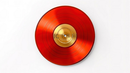 金色乙烯基唱片上带有红色空白标签的白色背景的 3D 渲染