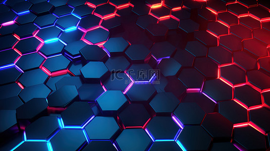 现代几何背景下彩色灯光碳纤维六边形的 3D 渲染