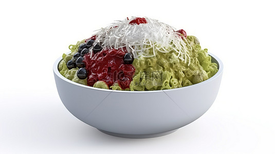 绿茶和红豆顶部 bingsu 刨冰在 3d 卡通风格隔离在白色