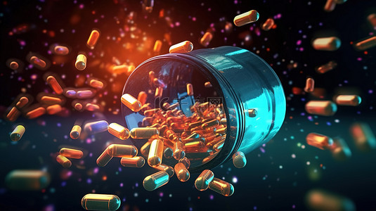 素背景背景图片_抗生素胶囊从药瓶中溢出的 3D 渲染