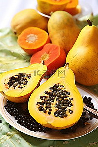 木瓜拟人背景图片_桌上盘子里的木瓜菠萝和梨