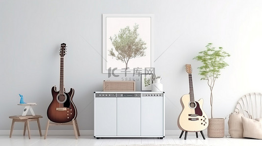 现代生活空间，带有自然气息的柜子花卉装饰吉他和 3D 渲染的海报框架