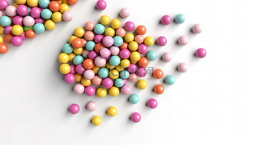 从自上而下的角度来看，白色背景上排列着色彩鲜艳的各种漩涡糖果