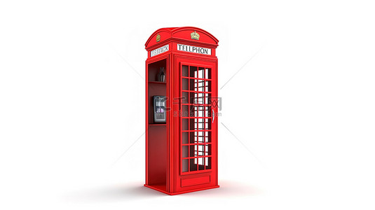白色手机背景上方英国红色电话亭的 3D 渲染