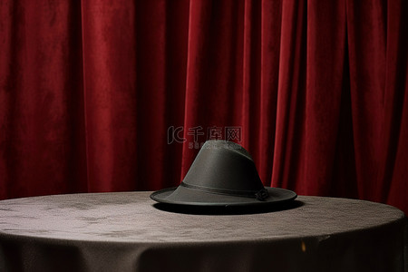 在桌上的魔术师帽子与红色窗帘
