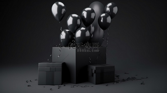 售卡背景图片_3D 插图飞行气球和封闭礼品盒描绘黑色星期五销售概念