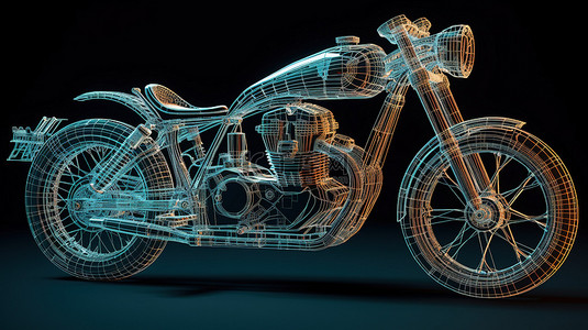 线框中自行车和摩托车车身结构的 3D 模型