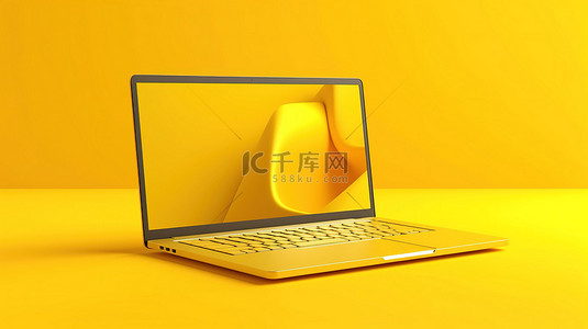 信息公示背景图片_黄色背景上的双色调现代黄色笔记本电脑，带有空白屏幕，用于定制设计 3D 渲染