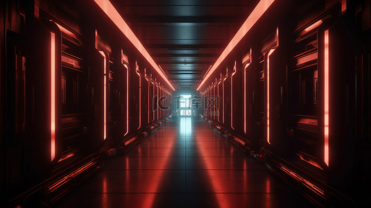 科幻场景的插图 3d 渲染神秘的金属走廊与柱子和红灯的踪迹