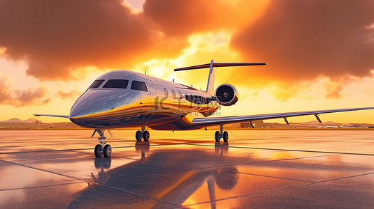 优雅的私人飞机停在停机坪上，映衬着令人惊叹的日落天际线 3D 插图