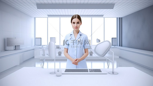 自信的女医生站在办公桌旁，拍摄令人惊叹的 3D 合成肖像