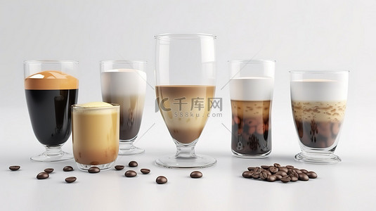 透明玻璃套装，由各种咖啡饮料和豆子组成，采用 3D 渲染卡通风格，白色隔离