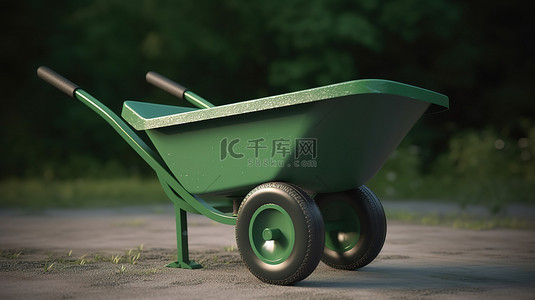 用于园艺和建筑的绿色独轮车的 3D 渲染
