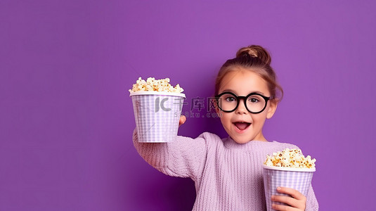 搬运东西背景图片_一个小男孩站在充满活力的紫色墙前，戴着 3D 眼镜，手里拿着一大桶爆米花，指着画面外的东西