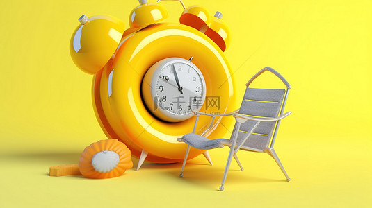 充气球和沙滩椅场景，配有黄色闹钟和耳机概念 3D 渲染