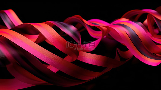 对象立体背景图片_飞行 3D 插图中的五彩立体条纹和粉红丝带