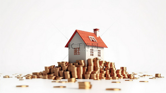 房地产投资概念 3d 渲染小房子，硬币堆在白色背景上
