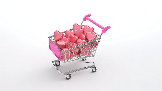 红心背景背景图片_白色背景，3D 渲染的粉红色纸购物袋，购物车中装饰着红心