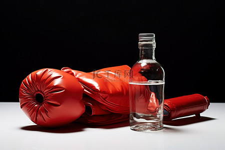 三只红色拳击手套和一瓶水