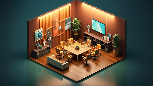 等距构图的 3D 插图，包含会议室内部和笔记本电脑