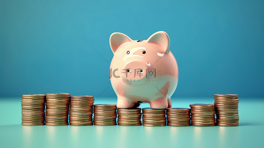 未来规划背景图片_蓝色背景与存钱罐和硬币堆叠未来 3D 渲染的智能财务规划的视觉表示
