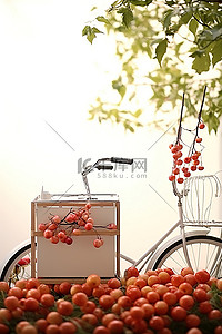 一辆带有樱桃藤的自行车，旁边还有盒子