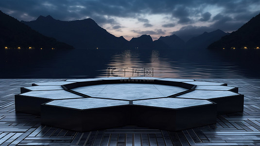 抽象的黑色水磨石六边形讲台漂浮在宁静的泳池上，具有 3D 渲染的宁静景观背景