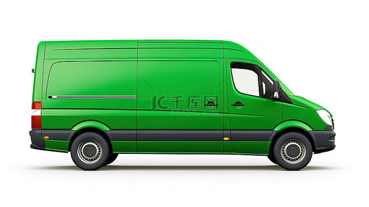 白色背景与绿色中型商用货车，配有空白画布，可用于 3D 插图中的设计铭文和徽标