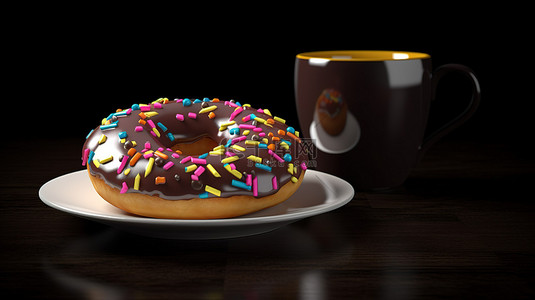 3d 渲染的深色背景上充满活力的甜甜圈和咖啡杯