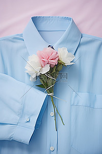 胸花旁边有两件粉色和蓝色棉质衬衫