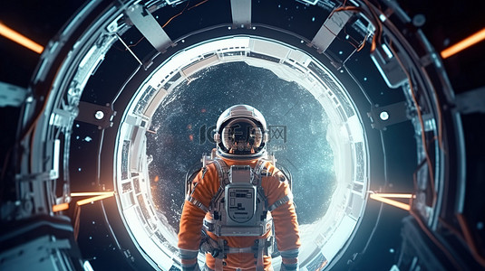未来幻想背景图片_未来派宇宙飞船上的孤独宇航员 3D 渲染太空室中戴着头盔的宇航员的肖像照片